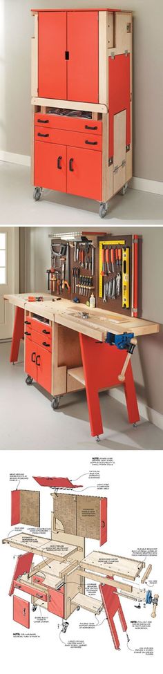 an image of a red workbench with tools on the top and below it