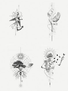 four different types of art work in black and white, each with an artistic design