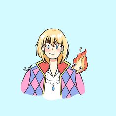 a drawing of a girl with blonde hair and blue eyes holding a fireball in her hand