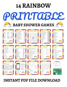 the unicorn printable baby shower games are available in rainbow colors and includes instructions for each child