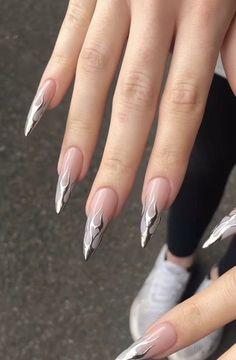 Silver Acrylic Nails, Filmy Vintage, Edgy Nails, Goth Nails, Grunge Nails, Her Nails, Silver Nails, Dream Nails