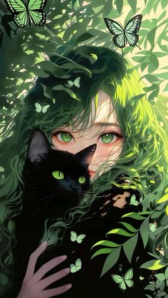 a woman with green hair holding a black cat in her arms and butterflies flying overhead