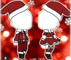 two cartoon characters wearing santa hats and red outfits with snowflakes in the background