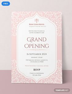 a pink and white grand opening card with an ornate frame on the front, in gold foil