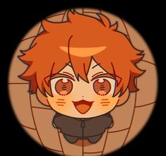 an orange haired boy with red hair and big eyes in front of a black background