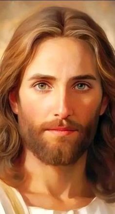 the face of jesus with long hair and blue eyes is shown in this artistic painting