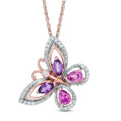 A versatile addition to her jewelry box, this charming gemstone pendant mesmerizes with color and sparkle. Crafted in 10K rose gold, this brilliant butterfly features pear-shaped, lab-created pink sapphires and marquise-cut bright purple amethysts centered in the diamond-lined wings. Glistening with 1/10 ct. t.w. of diamonds and polished to a bright shine, this precious papillon suspends slightly askew along an 18.0-inch rope chain that secures with a spring-ring clasp. Pretty Jewelry Necklaces, Diamond Butterfly, Peoples Jewellers, Butterfly Jewelry, Bright Purple, Butterfly Pendant, Yellow Diamond, Pretty Jewellery