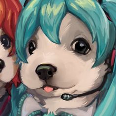 two dogs with blue and green hair are next to each other