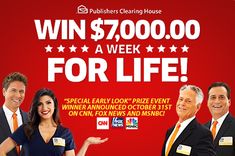 two men and a woman standing in front of a red background with the words win $ 1, 000 for a day for life