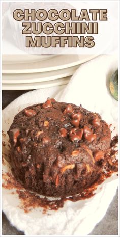 chocolate zucchini muffins on a white plate with the title above it