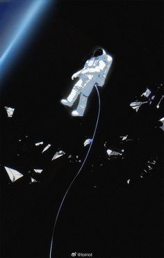 an astronaut floating in the air next to a space station with lights on and wires running through it