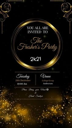 a black and gold birthday party flyer with sparkles on the dark background, it is an