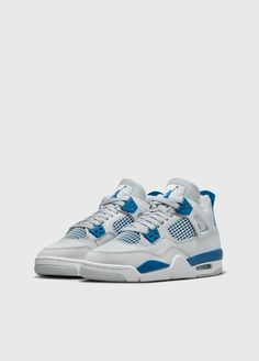 Known for its innovative designs and heritage sport aesthetic, Nike delivers all the best street and sportswear across a range of sweats, tees, pants and classic kicks.  The revered Air Jordan 4, a classic silhouette since its debut in February 1989, receives an update in an colourway known as the Air Jordan 4 Retro 'Industrial Blue' Sneakers. Made with an upper of leather and textile materials, it features Jumpman branding and a midsole with a with a visible Air-sole unit in the heel.  - Limited to one pair per customer- Mid-top silhouette - Leather and textile upper - Lace-up closure - Logo patch on tongue - Jumpman logo on back of heel- Air technology cushioning- Rubber outsole Note: International shipping is not available for this item. Materials:Upper: Leather, Textile. Outsole: Rubbe Jordan Mids, Aesthetic Nike, Sport Aesthetic, Jordan 4’s, Industrial Blue, Jordan Retro 4, Blue Jordans, Jordan 4s, Sports Aesthetic