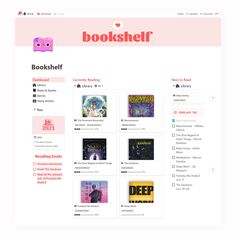 the bookshelf website homepage is shown with pink and white graphics on it