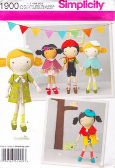 the sewing pattern shows three dolls in different outfits