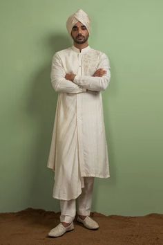 Shop for Ankita Lath Off White Silk Jacquard Asymmetric Draped Kurta Set for Men Online at Aza Fashions Kurta For Men, White Kurta, Luxury Sale, Types Of Work, Band Collar, Kurta Set, White Silk, Straight Pants, Festival Wear