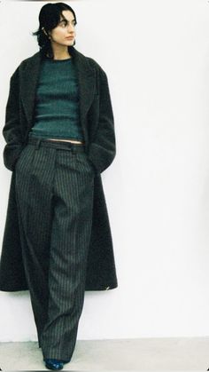 Pinstripe Pants Aesthetic, Layering Coats Winter Outfits, Pinstripe Pants Outfit Winter, Pinstripe Pants Outfit Aesthetic, Grey Pinstripe Pants Outfit, Masc Winter Fashion, Pinstripe Aesthetic, Androgynous Fashion Winter, Big Coat Outfit