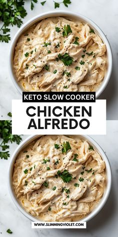 two bowls filled with chicken alfredo next to parsley