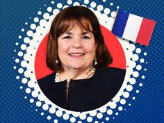 a woman with red, white and blue on her face in front of a french flag