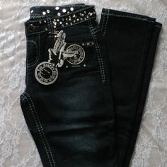 Nwt Platinum Plush Women's Skinny Jeans Studs Cross & Bling Detail Silver Patches & Stitching Color - Denim Size - Various 76% Cotton 20% Polyester 4% Spandex Pplush J Platinum Plush Jeans, Ifsixwasnine Jeans, Scene Jeans, 2000s Scene, Y2k Fits, Outfit References, Studded Jeans, 2000s Fashion Outfits, Clothes Closet