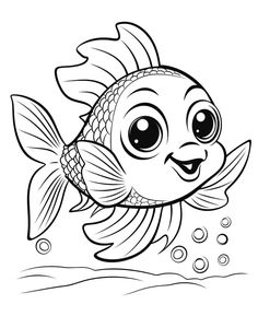 a cartoon fish with big eyes swimming in the water coloring pages for kids and adults