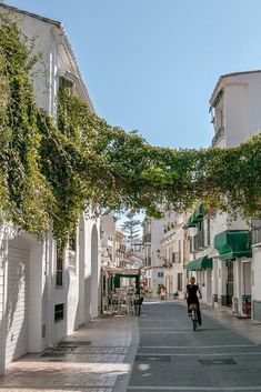 a person riding a bike down a street next to tall white buildings with green vines growing over them