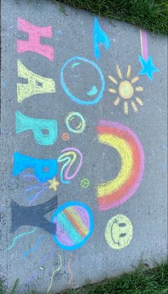 the sidewalk has been decorated with chalk and crayons for children's birthdays