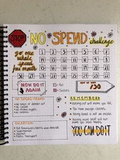 a spiral notebook with the words, no spend challenge and an image of a calendar