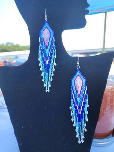 Multicolor dangle seedbead earrings Loom Designs, 15 Aug, Bead Loom Designs, Boho Blue, Native Beadwork, Beaded Jewlery, Earrings Diy, Blue Ice, Beading Ideas