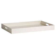 a white rectangular tray with handles on the top and bottom, in front of a white background