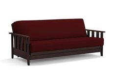 a wooden futon with a red cover on it's top and bottom half