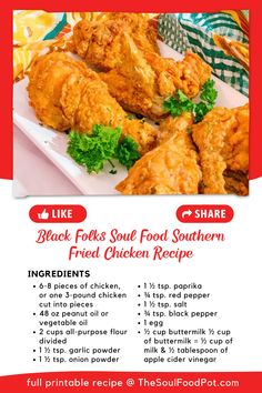 an advertisement for fried chicken on a white plate with red trimmings and the words, black folks soul food southern fried chicken recipe