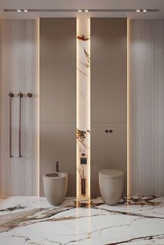 an elegant bathroom with marble floors and walls, two urinals on the wall