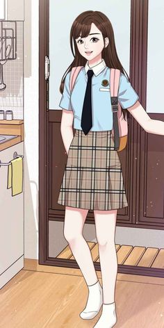 a girl in a school uniform is standing by the door with her hand on her hip