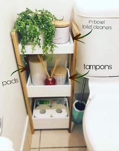 a bathroom with toilet paper, plants and other items labeled in the bottom half of it