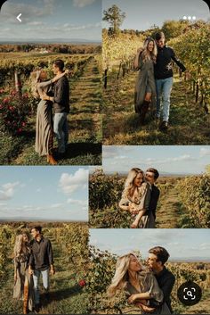 a man and woman are standing in an apple orchard with their arms around each other