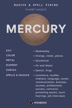 a poster with the words mercury in white and blue, on a dark background