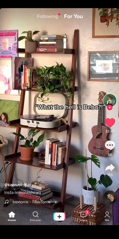 an image of a living room with plants on the shelf and guitar in the corner