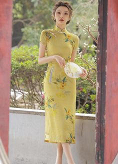 Yellow Qipao Dress Spring Cheongsam With Stand Collar For Tea Ceremony, Spring Cheongsam For Tea Ceremony With Stand Collar, Summer Cheongsam With Floral Print And Stand Collar, Summer Floral Print Fitted Cheongsam, Fitted Floral Print Cheongsam For Summer, Fitted Floral Cheongsam For Summer, Summer Fitted Floral Print Cheongsam, Summer Floral Cheongsam With Stand Collar, Spring Ao Dai With Floral Print And Short Sleeves