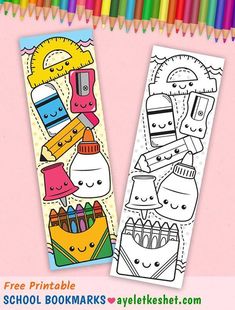 two coloring bookmarks with pencils in the background and an image of children's drawings