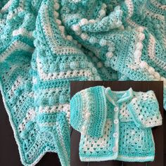 a crocheted blanket and sweater are shown with the baby's outfit on it