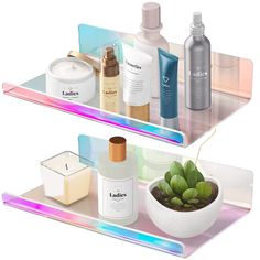 two shelves with different types of beauty products on top of each shelf, one holding a succulent in a white bowl