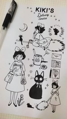 an ink drawing of some people and animals on a piece of paper with marker pens