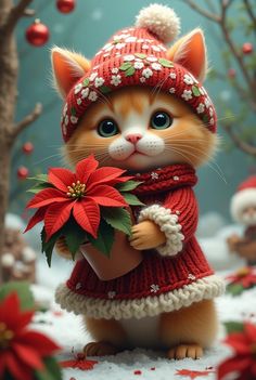 a cat wearing a red hat and scarf holding a poinsetti