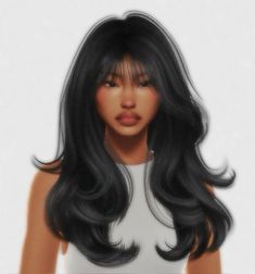 a digital drawing of a woman with long black hair and bangs, wearing a white top