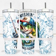 three insulated tumblers with fishing images on them