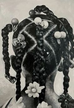 a black and white photo of a woman with braids