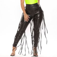 Pull Some Strings Black Faux Leather Lace Up Leggings High Waisted Detail Rear Zipper Skinny Fit 30” Inseam 50% Cotton 50% Pu Pants With Strings, Y2k Pants, Leather Pants Women, Custom Size Dresses, Faux Leather Pants, Casual Lace, Leather Fringe, Slim Pants, Fashion Pants