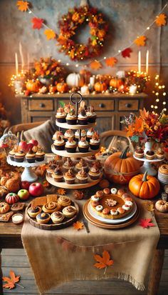 a table topped with lots of desserts covered in fall leaves