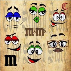 an old paper with cartoon faces and the word m & m written on it's side